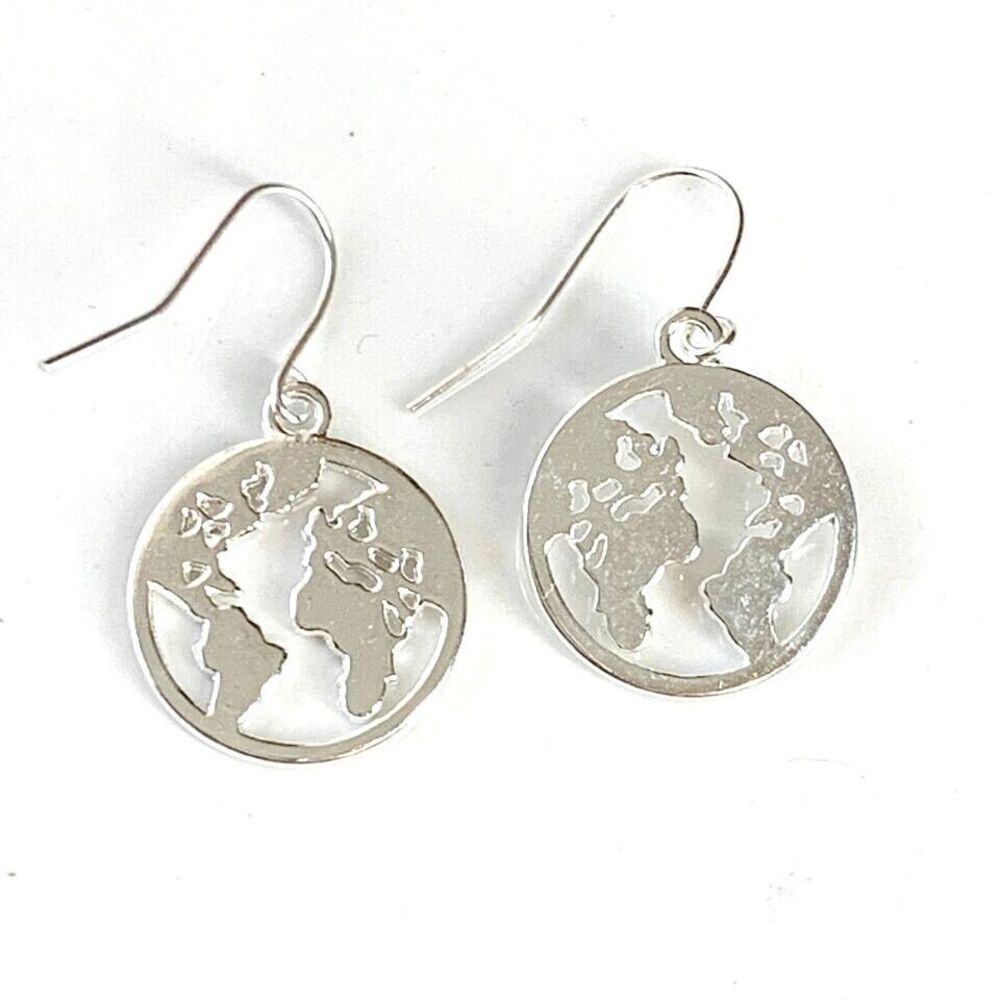 Globe World Map NEW Dangle Earrings Shiny Silver Hemispheres French Hook